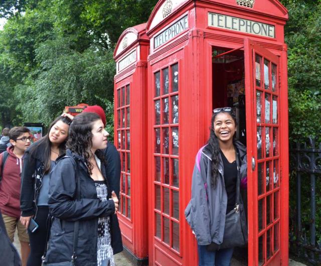 Famous London red phone box seen on teen travel tour to England
