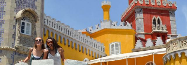 Teenage travelers at Pena Palace in Sintra Lisbon on summer teen travel program