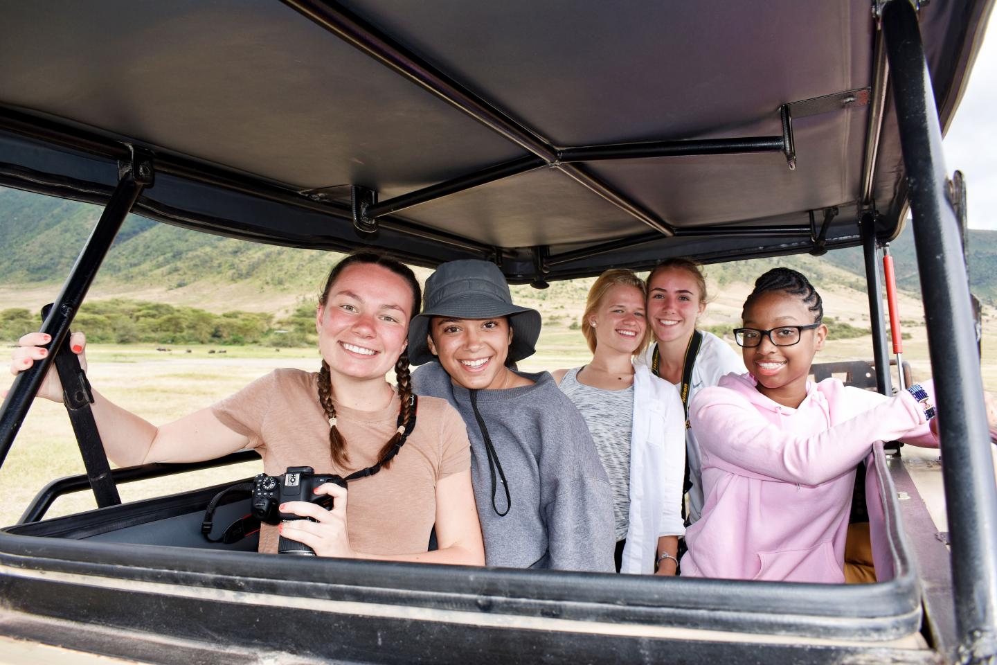 Students in safari vehicle