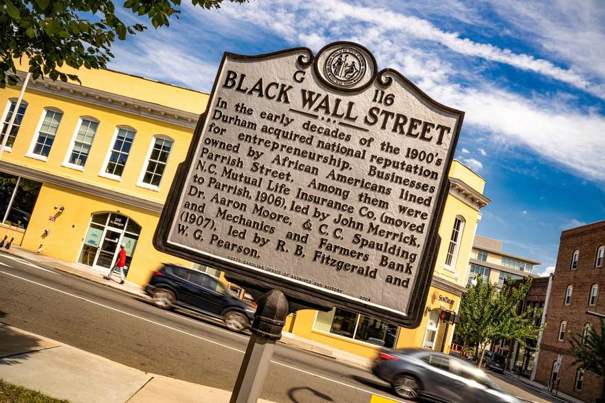 North Carolina historical marker for Black Wall Street on Parrish Street