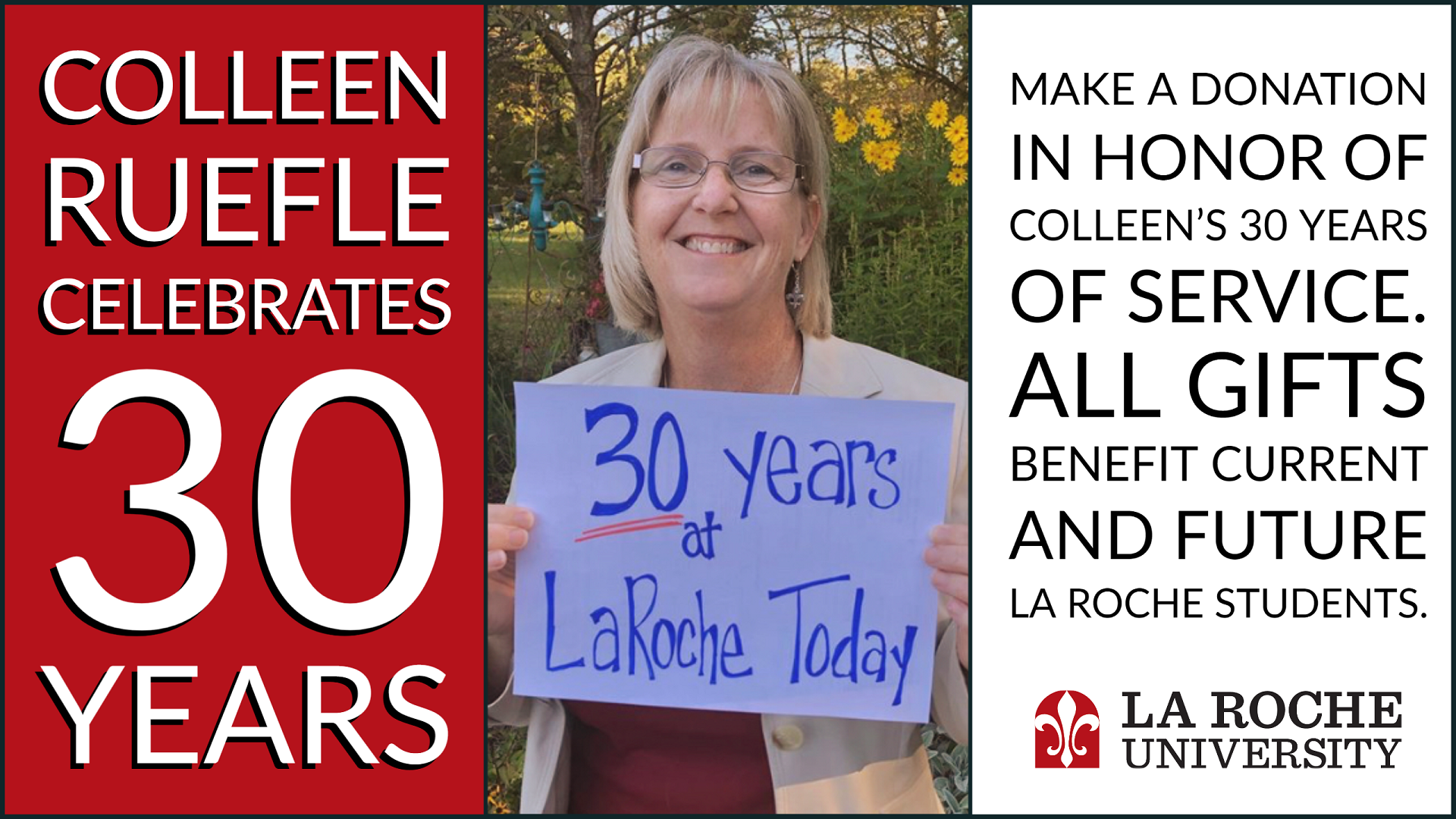 Colleen Ruefle Celebrates 30 Years at La Roche With A Challenge
