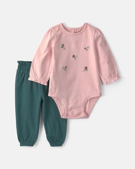 Baby Girl 2-Piece Apple Long-Sleeve Bodysuit & Pant Set - Cream/Pink
