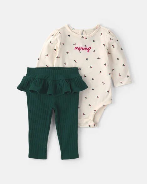 Baby Girl 2-Piece Apple Long-Sleeve Bodysuit & Pant Set - Cream/Pink