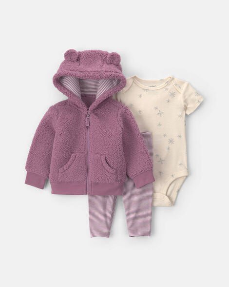 Baby Girl 3-Piece Paw Print Teddy Fleece Layering Set - Brown