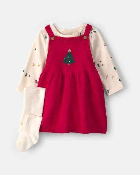 Baby Girl 3-Piece Plaid Christmas Long-Sleeve Dress Set - Red/Cream