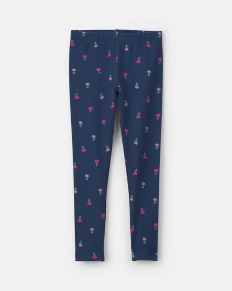Girls Floral Pull-On Stretch Leggings - Navy Blue