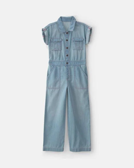 Girls Denim Short-Sleeve Jumpsuit - Light Wash