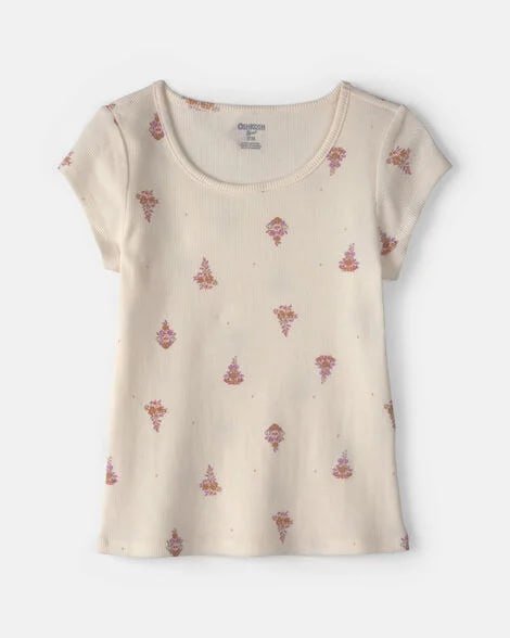 Girls Floral Ribbed Top - Cream