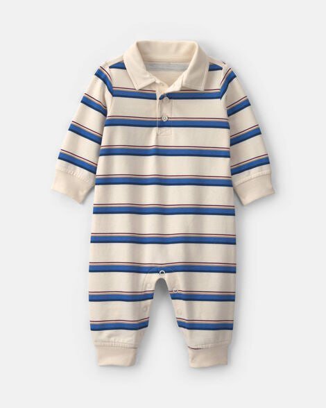 Baby Boy Striped French Terry Long-Sleeve Jumpsuit - Blue/Cream