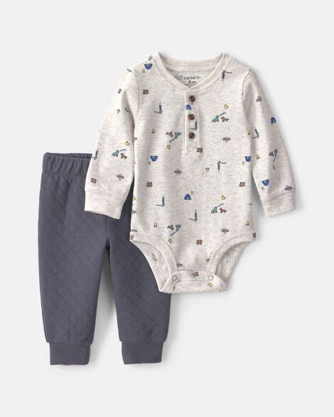 Baby Boy 2-Piece Car Long-Sleeve Bodysuit & Pant Set - Brown/Cream