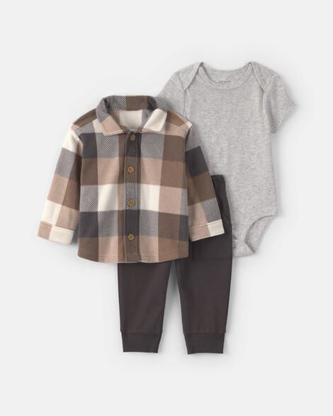 Baby Boy 3-Piece Plaid Fleece Layering Set - Green