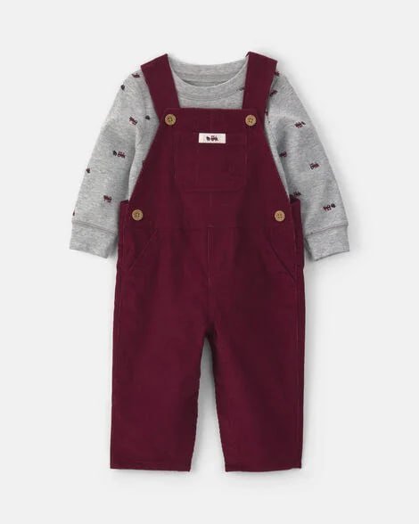 Baby Boy 2-Piece Holiday Corduroy Long-Sleeve Overall Set - Burgundy/Grey