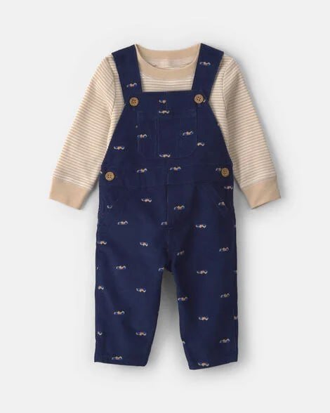 Baby Boy 2-Piece Dinosaur Long-Sleeve Overall Set - Olive Green