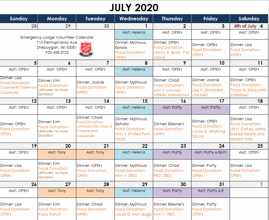 EL Volunteer Calendar Sheboygan Salvation Army