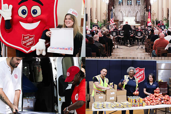 First photo: Shieldy, The Salvation Army New York mascot with Rebecca Smoot, the Integrated Marketing Manager at The Salvation Army New York on National Donut Day at the Veterans Affairs hospital in Manhattan, New York City. Second photo: The Salvation Army New York Staff Band playing at the Cathedral of the Incarnation. Third photo: Two Salvation Army New York Emergency Disaster Services staff members preparing to distribute cool water and Gatorade bottles out to New Yorkers in the extreme heat so that they stay safe and cool. Fourth photo: Staff members and volunteers from The Salvation Army New York Harlem Temple Corps and community center and CMA CGM coming together at a grocery drive to distribute food to hungry New Yorkers for Easter Sunday.