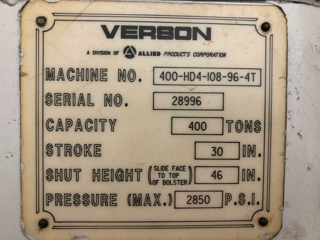 400 Ton Verson Down-Acting Hydraulic Press For Sale