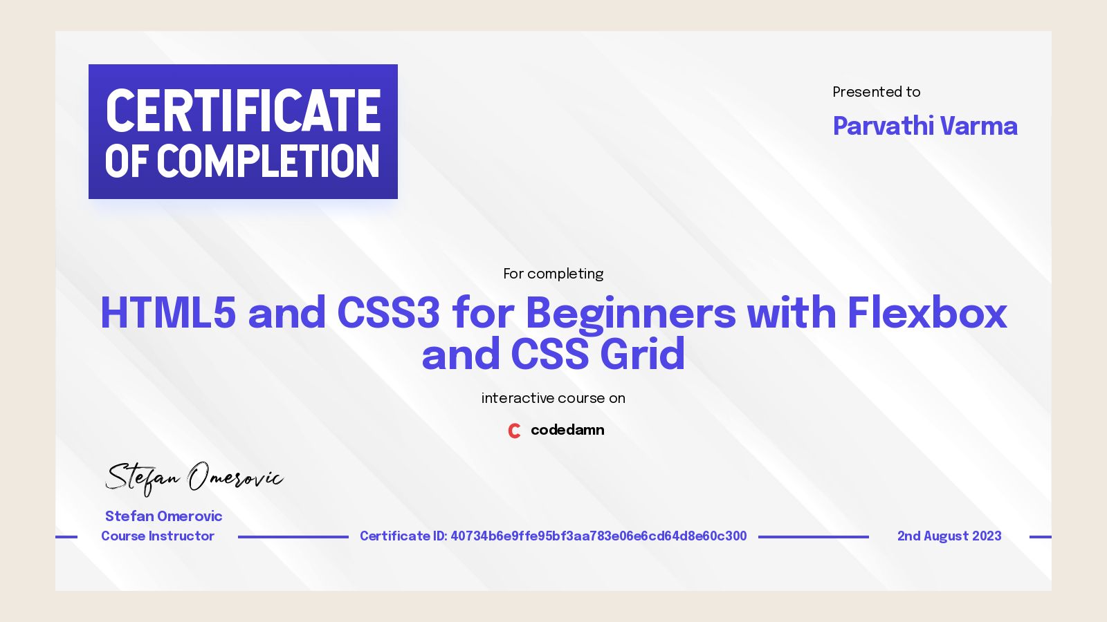 Parvathi Varma's certification for HTML5 and CSS3 for Beginners with ...