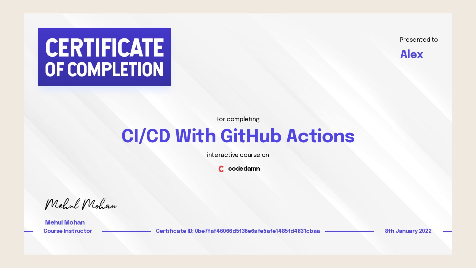 Alex's certification for CI/CD With GitHub Actions - Codedamn