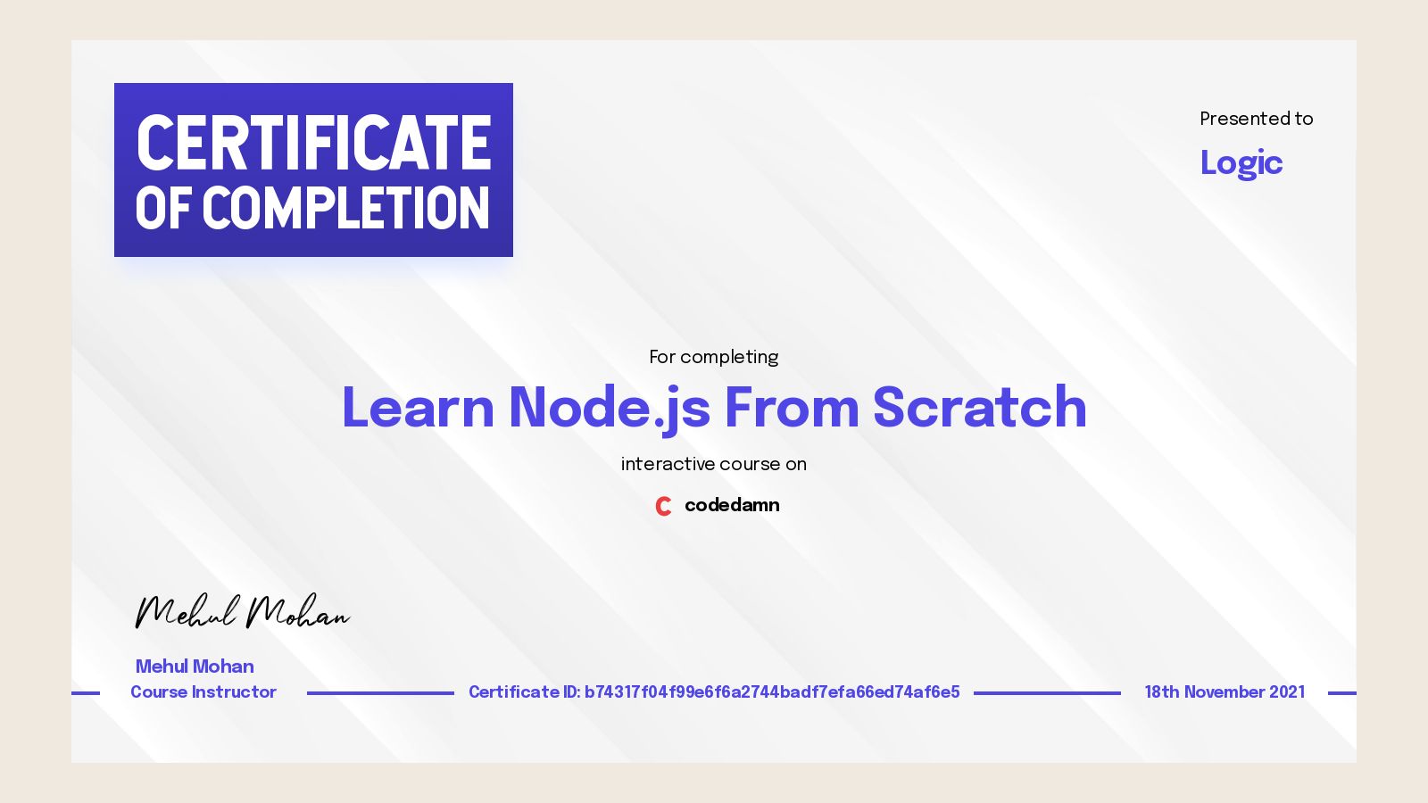 Logic's certification for Learn Node.js From Scratch - Codedamn