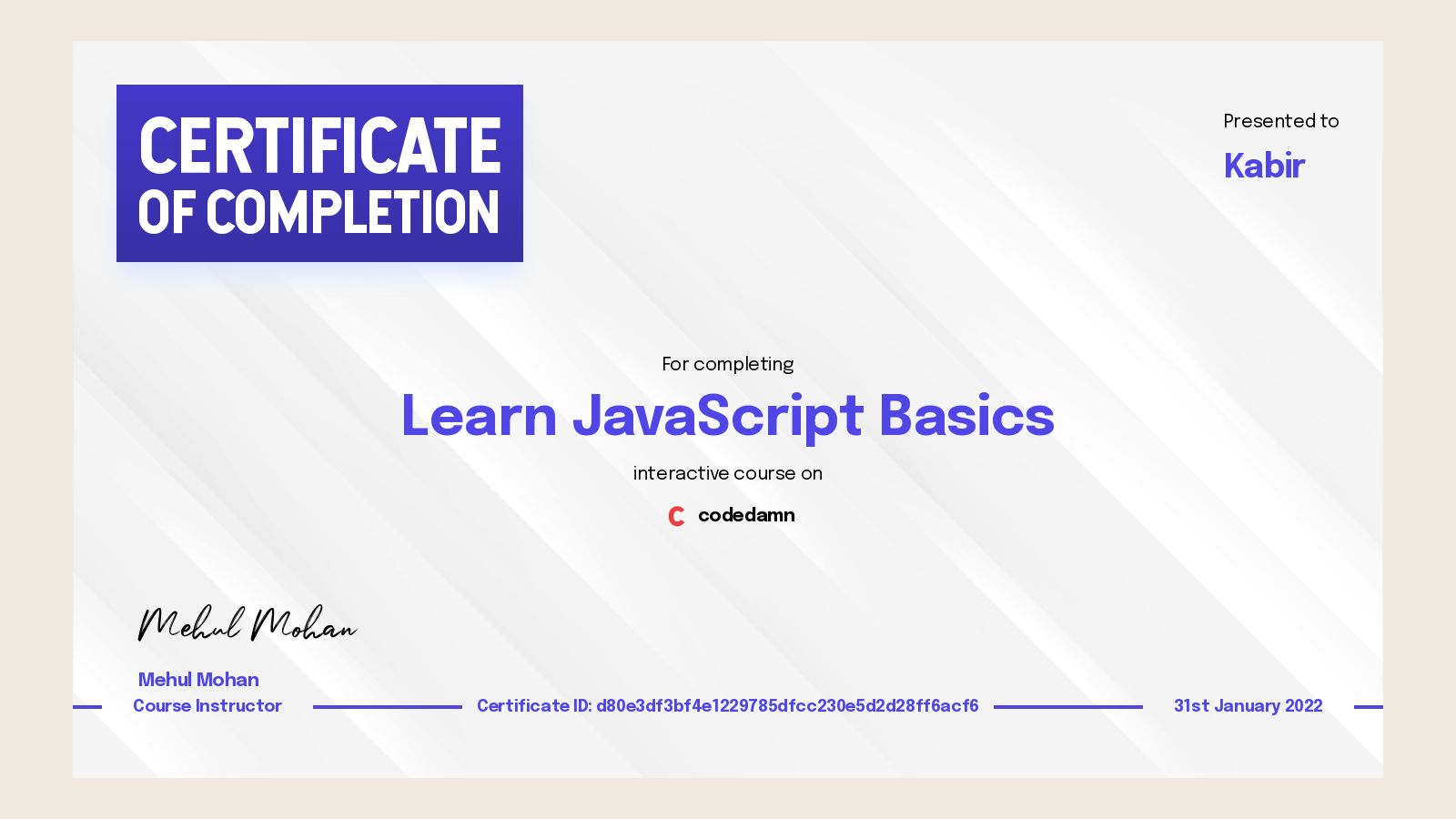 Kabir's certification for Learn JavaScript Basics - Codedamn