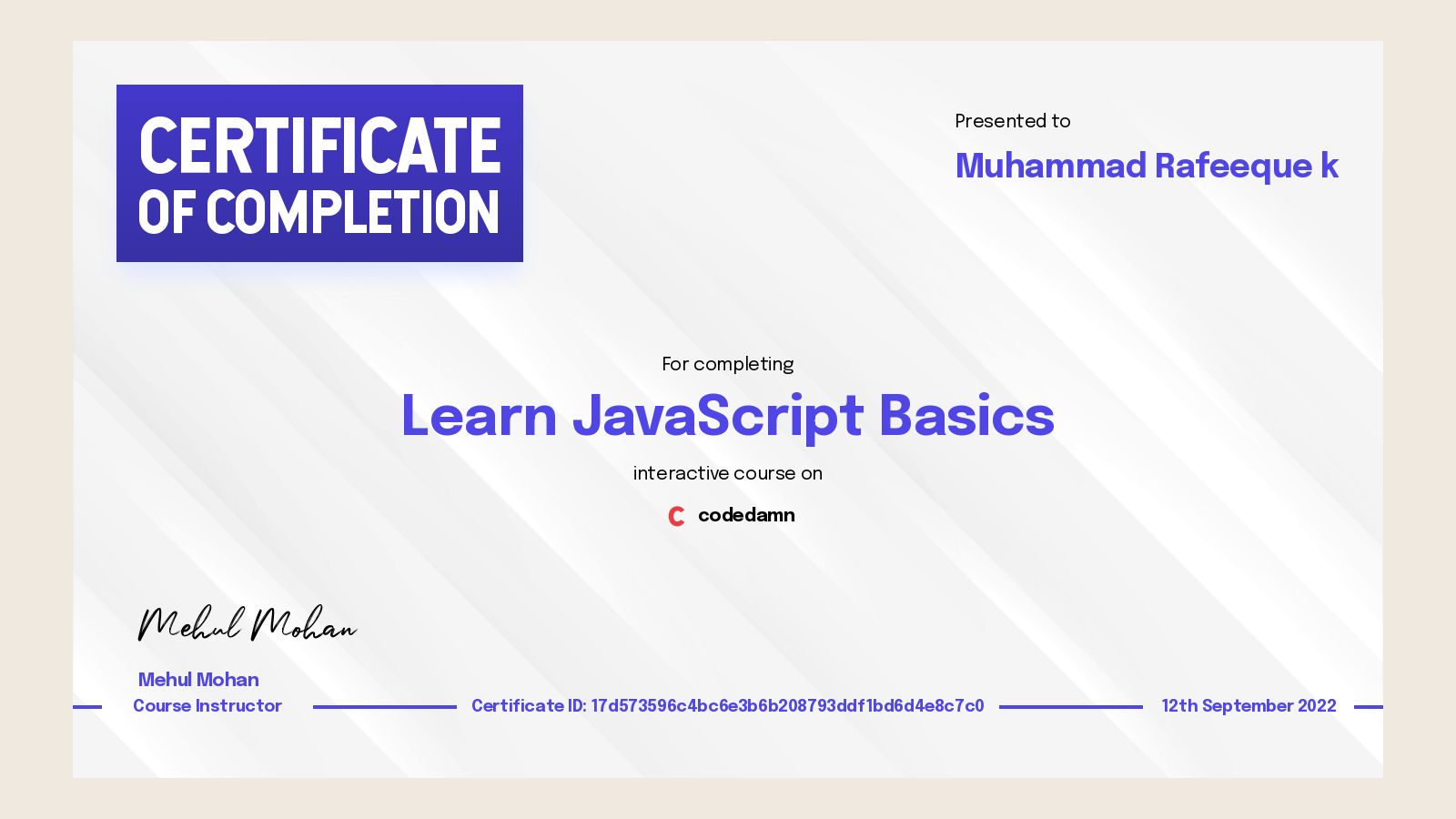 Muhammad Rafeeque k's certification for Learn JavaScript Basics - Codedamn