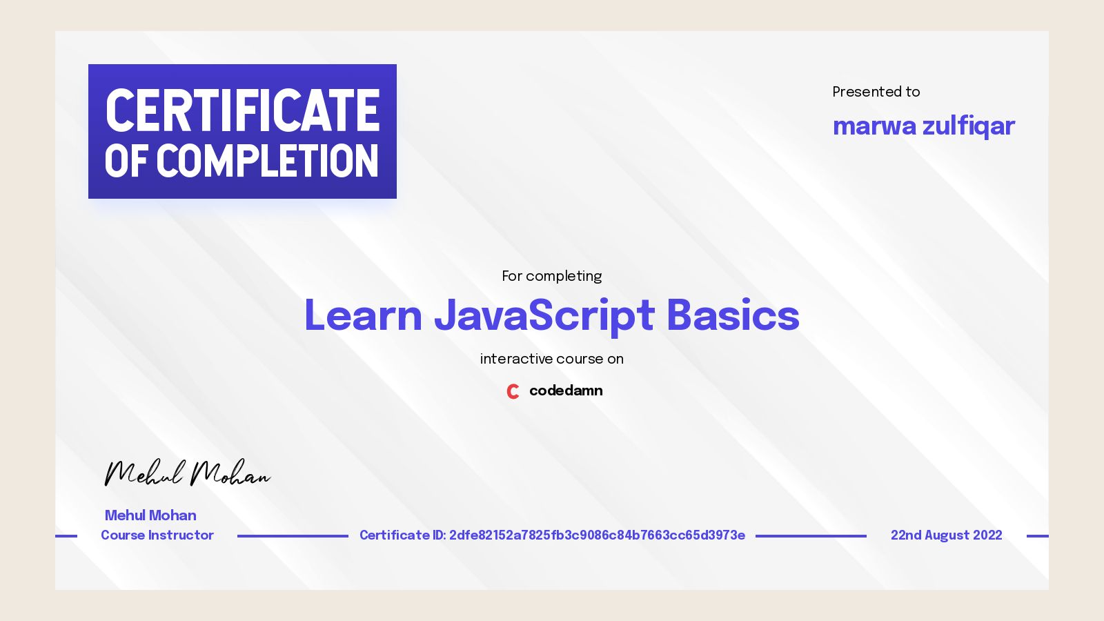 marwa zulfiqar's certification for Learn JavaScript Basics - Codedamn