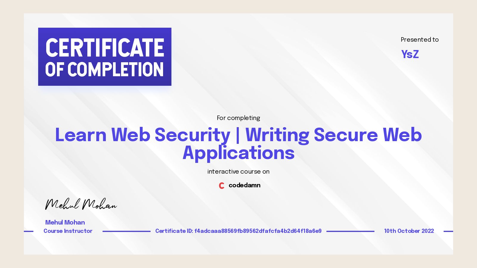 YsZ's certification for Learn Web Security | Writing Secure Web ...