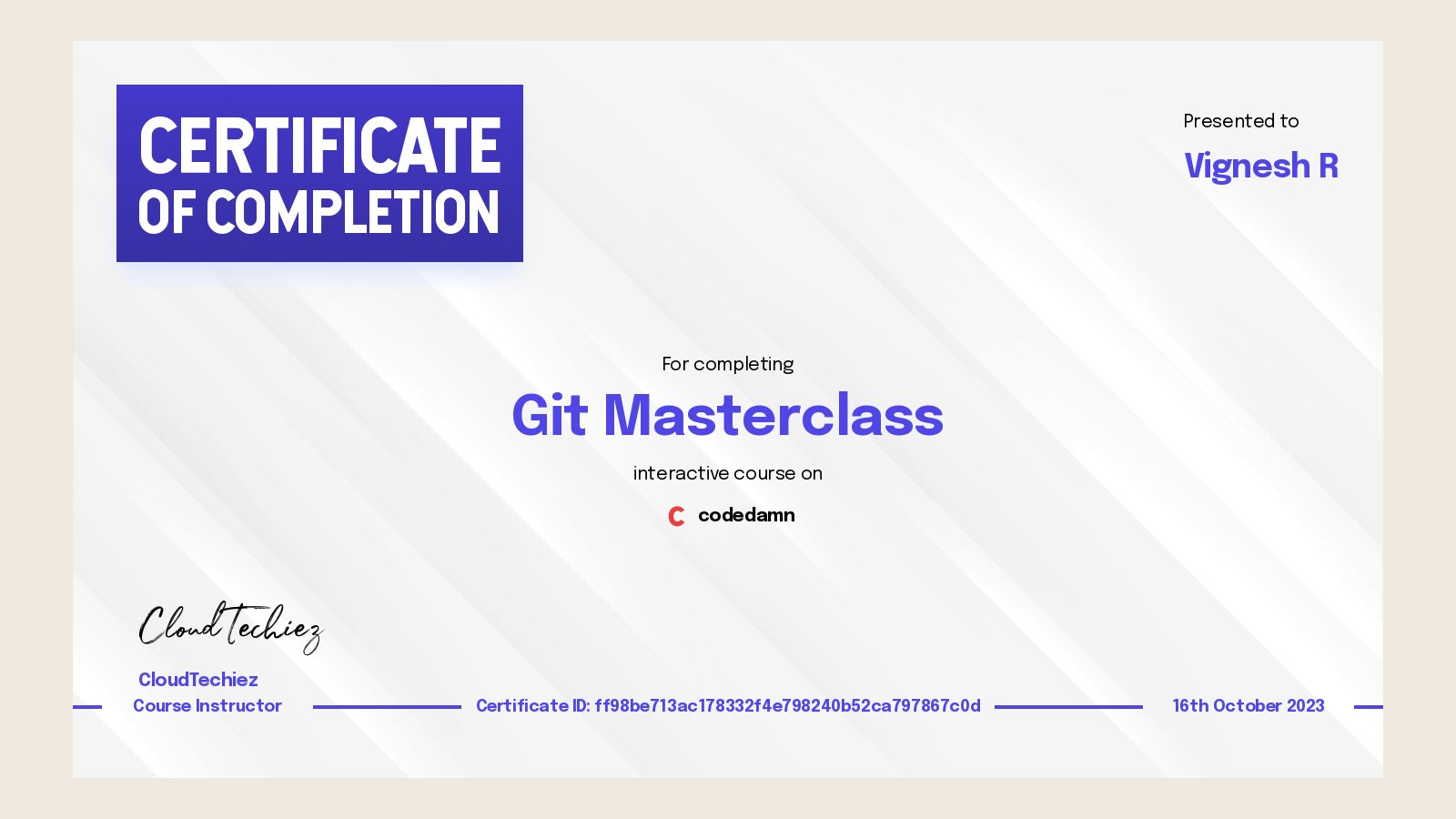 Vignesh R's certification for Git Masterclass - Codedamn