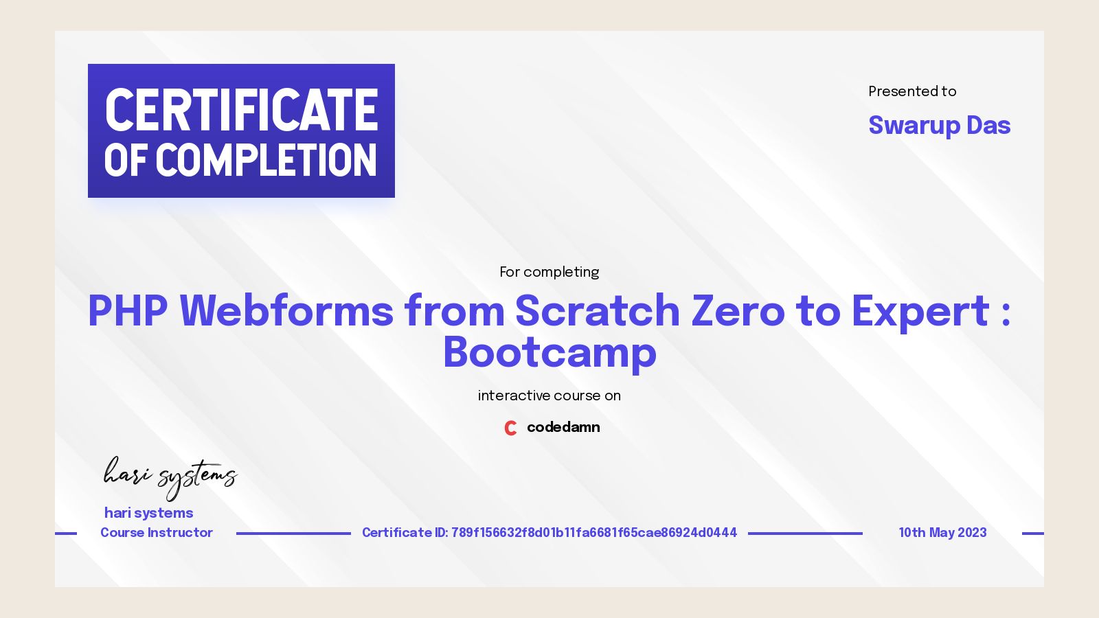 Scratch Code Certificate Swarup Das's certification for PHP Webforms from Scratch Zero to Expert ...
