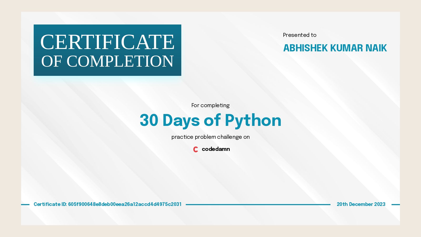 ABHISHEK KUMAR NAIK's certification for 30 Days of Python - Codedamn