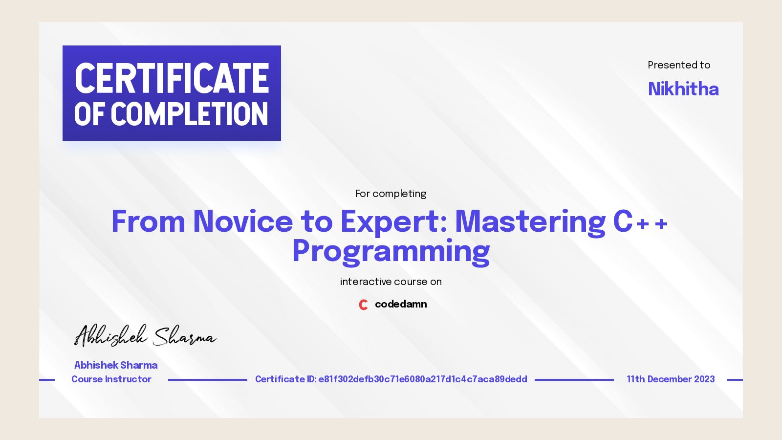 Nikhitha's certification for From Novice to Expert: Mastering C++ ...