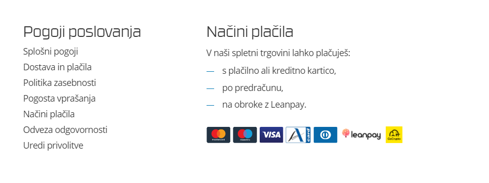 Prikaz možnosti načina plačila