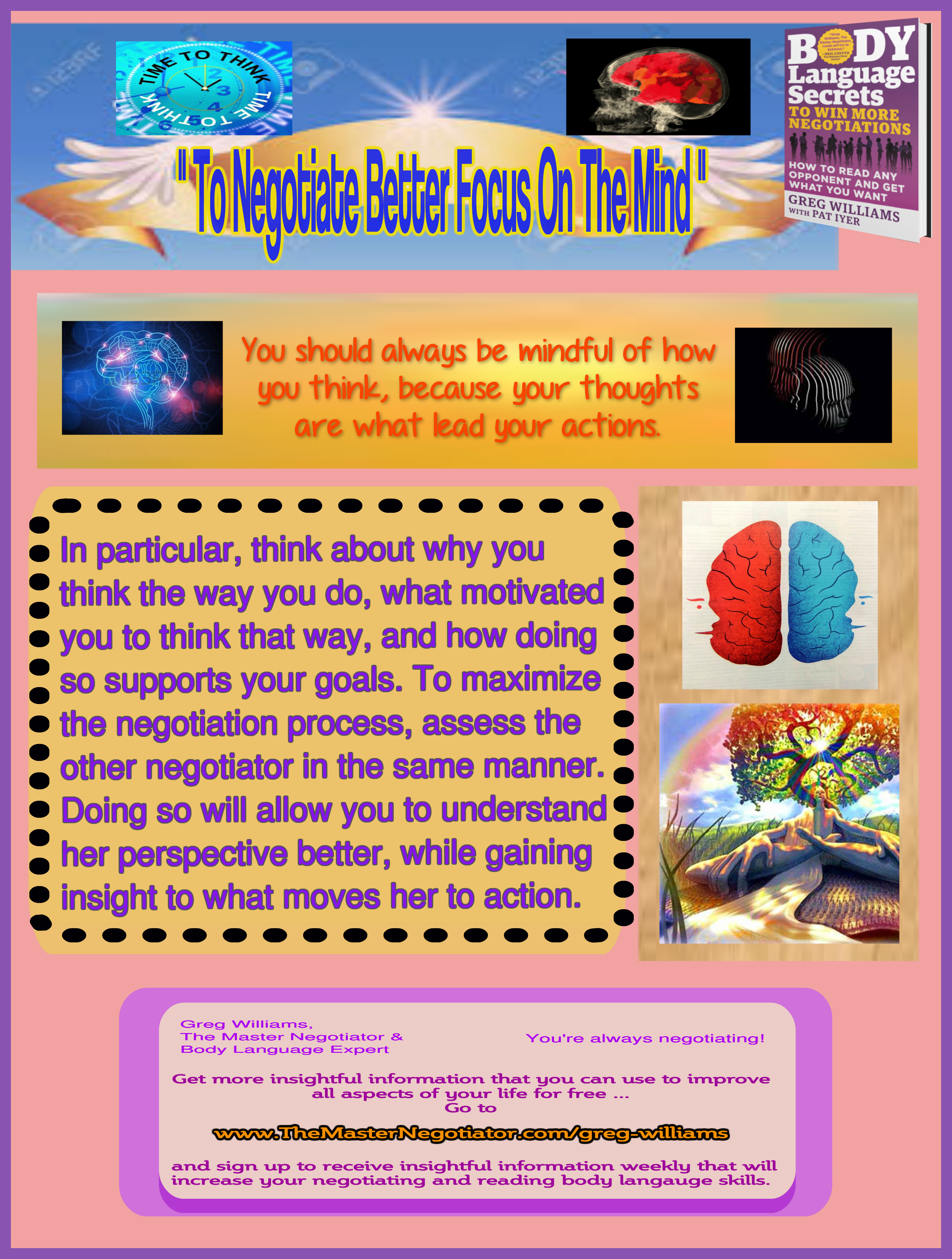How to think better, Mind Control, How to fight chaos, how to chaos, How to negotiate better, Value perception in negotiations, How to be successful, the meaning of success, Subliminal messages, Negotiate better, How to deal with difficult people, strategies to combat dealing with difficult people, How to win negotiations, How to negotiate better, Body Language Secrets to Win More Negotiations, Body Language Secrets, How to Win More Negotiations, Greg Williams, The Master Negotiator & Body Language Expert, The Master Negotiator, Body Language Expert To Negotiate Better Focus On The Mind