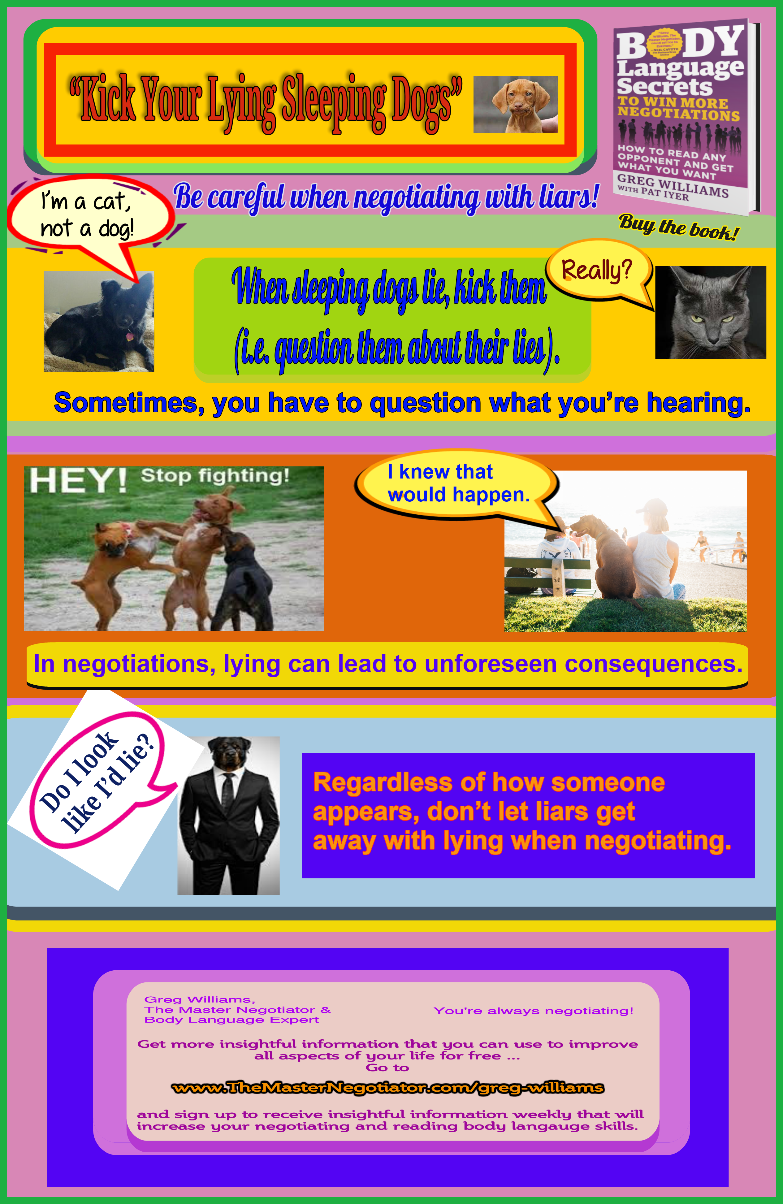 How to deal with liars, How to stop a liar, self-perspective, Negotiation Psychology, How to control a negotiation, Negotiation Strategies, Self-development, How to negotiate better, How to be successful, Negotiate better, How to deal with difficult people, strategies to combat dealing with difficult people, How to win negotiations, Body Language Secrets to Win More Negotiations, Body Language Secrets, How to Win More Negotiations, Greg Williams, The Master Negotiator & Body Language Expert, The Master Negotiator, Body Language Expert Kick Your Lying Sleeping Dogs
