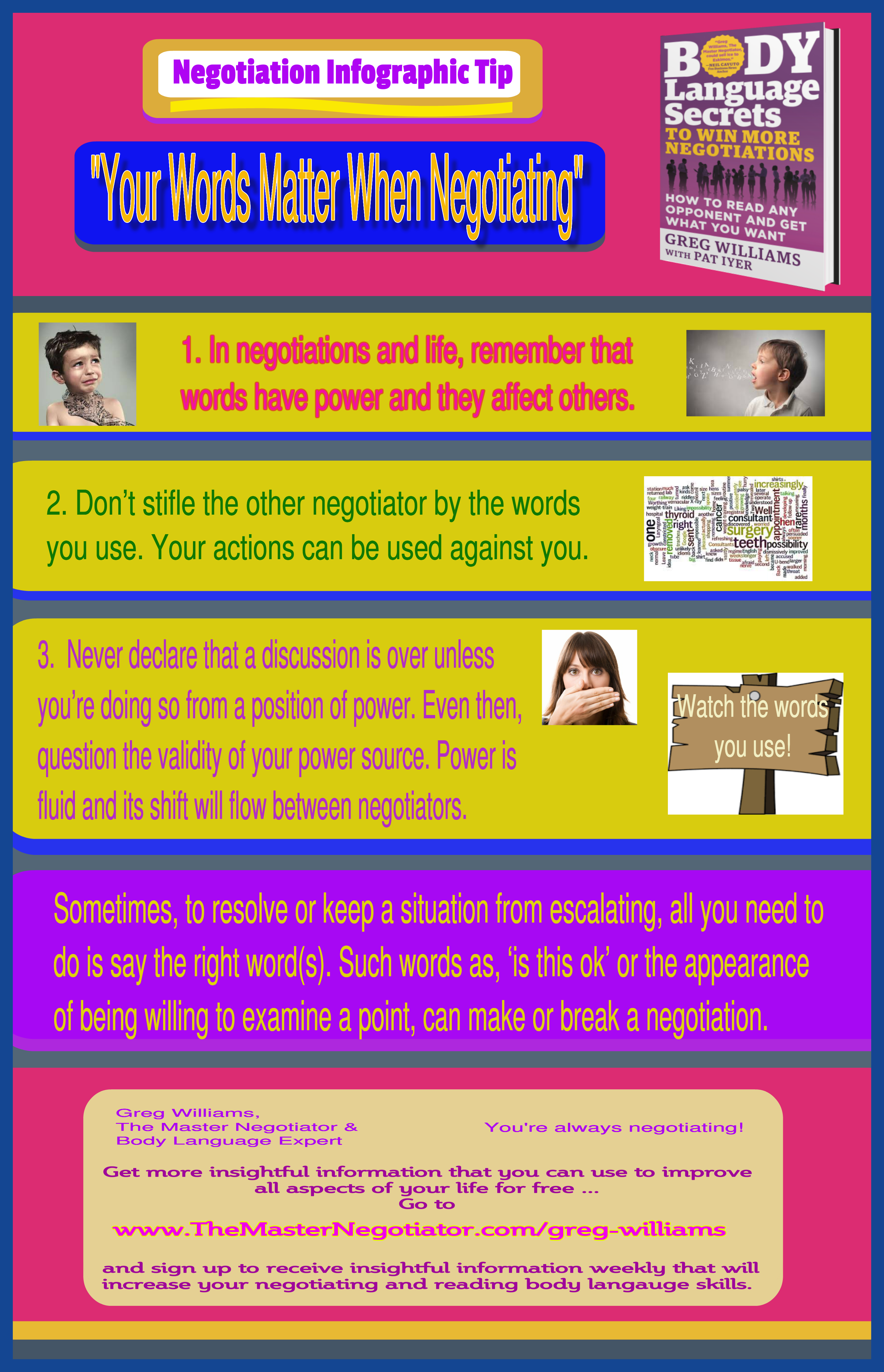 How to use words in negotiations, Negotiation Psychology, How to control a negotiation, Negotiation Strategies, Self-development, How to negotiate better, How to be successful, Negotiate better, How to deal with difficult people, strategies to combat dealing with difficult people, How to win negotiations, Body Language Secrets to Win More Negotiations, Body Language Secrets, How to Win More Negotiations, Greg Williams, The Master Negotiator & Body Language Expert, The Master Negotiator, Body Language Expert Your Words Matter When Negotiating