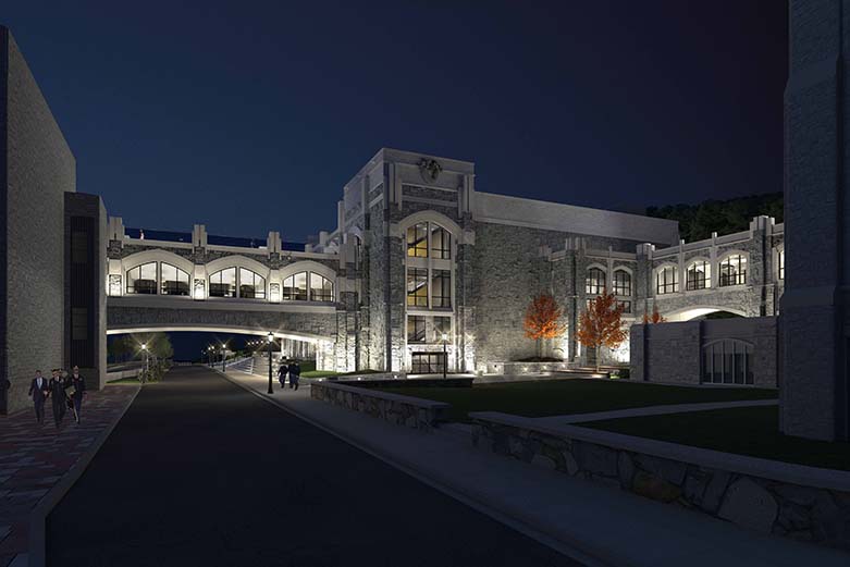 Rendering of the Cyber and Engineering Academic Center at night featuring Gateway Bridge