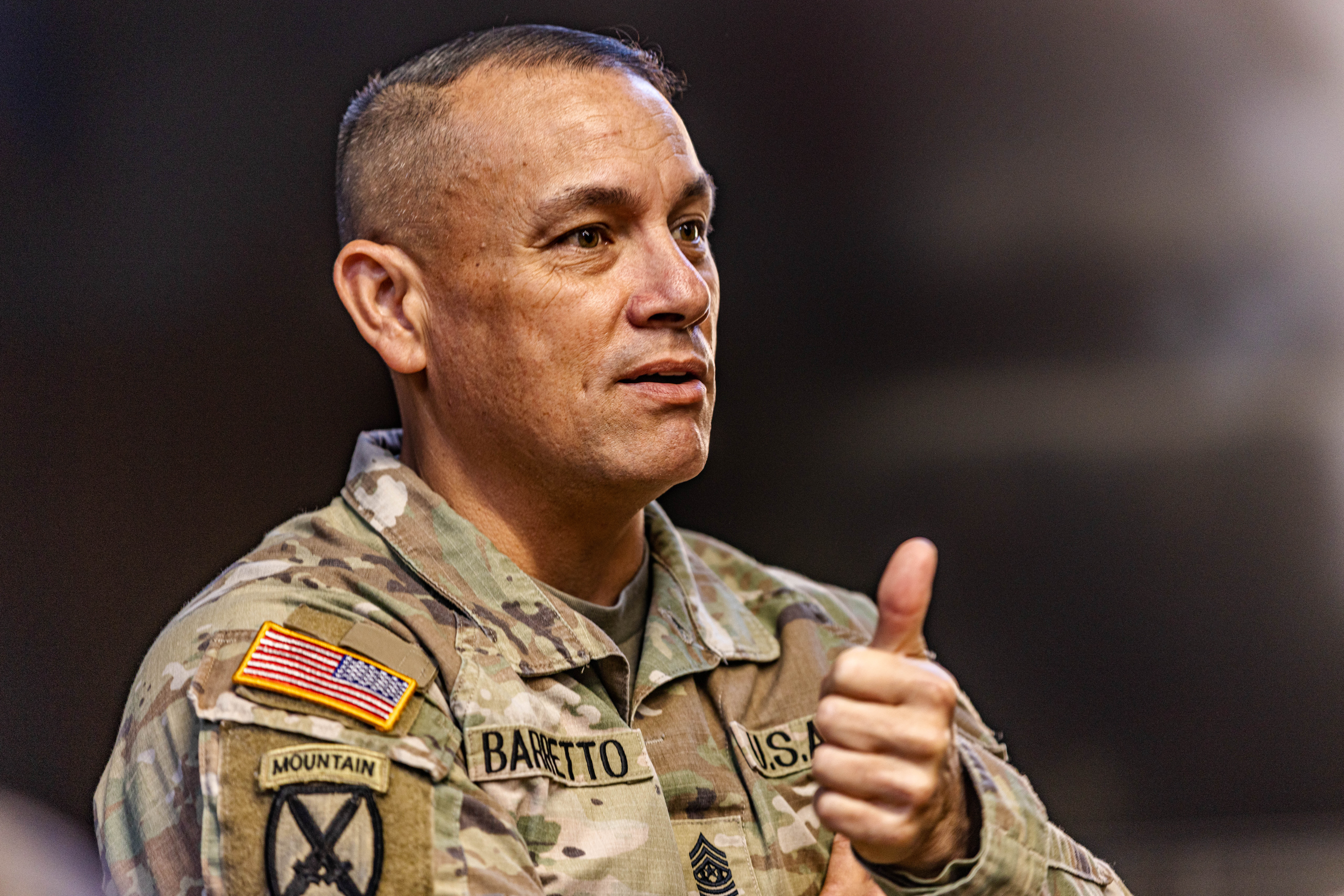 Command Sgt. Maj. Phil Barretto, the USMA command sergeant major, engaged in discussion with nine Soldiers from the 11th Airborne Division about enrolling at West Point and the plethora of opportunities that come with the 47-month experience.