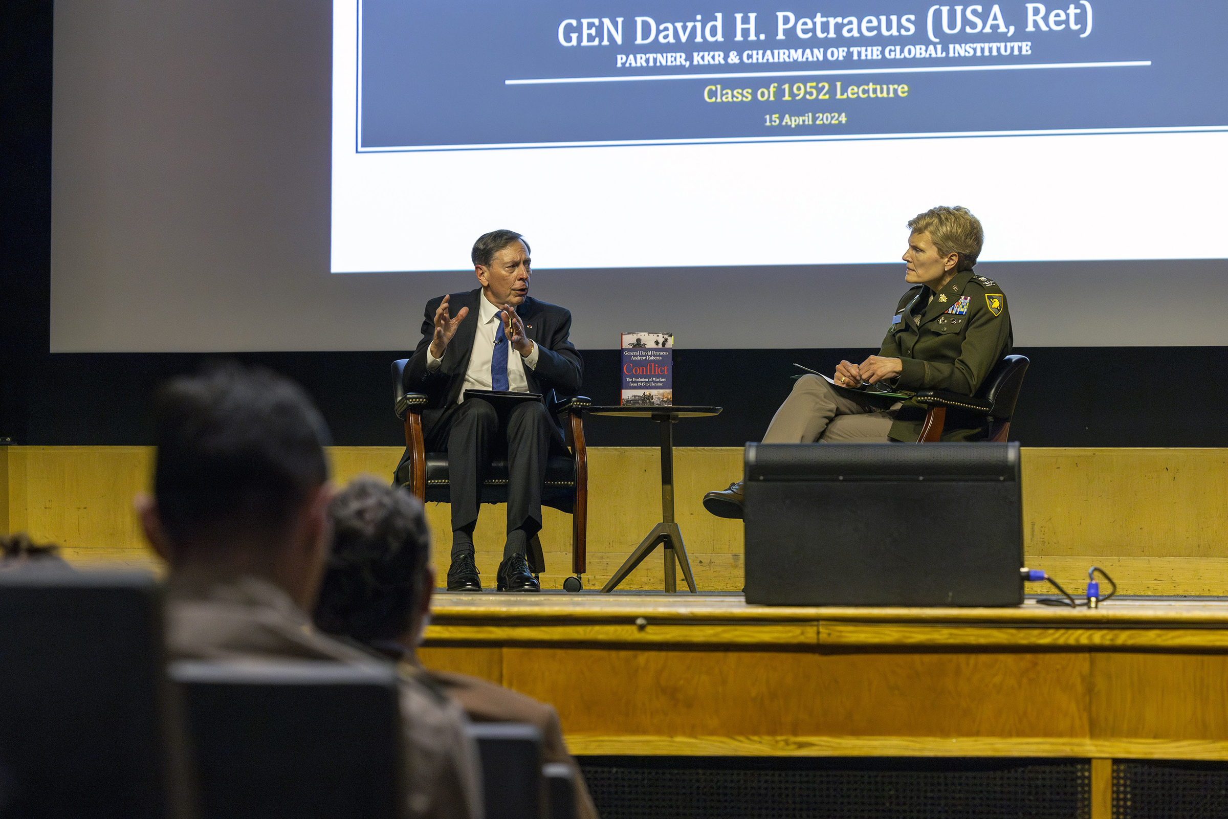 This year’s Class of 1952 Distinguished Lecture occurred April 15 at Robinson Auditorium with retired Gen. David Petraeus providing more than 1,000 cadets from SS202 American Politics and SS307 Introduction to International Relations and faculty members insights from his professional experiences as well as his recent book “Conflict: The Evolution of Warfare from 1945 to Ukraine.”   (Photo by Christopher Hennen/USMA PAO)