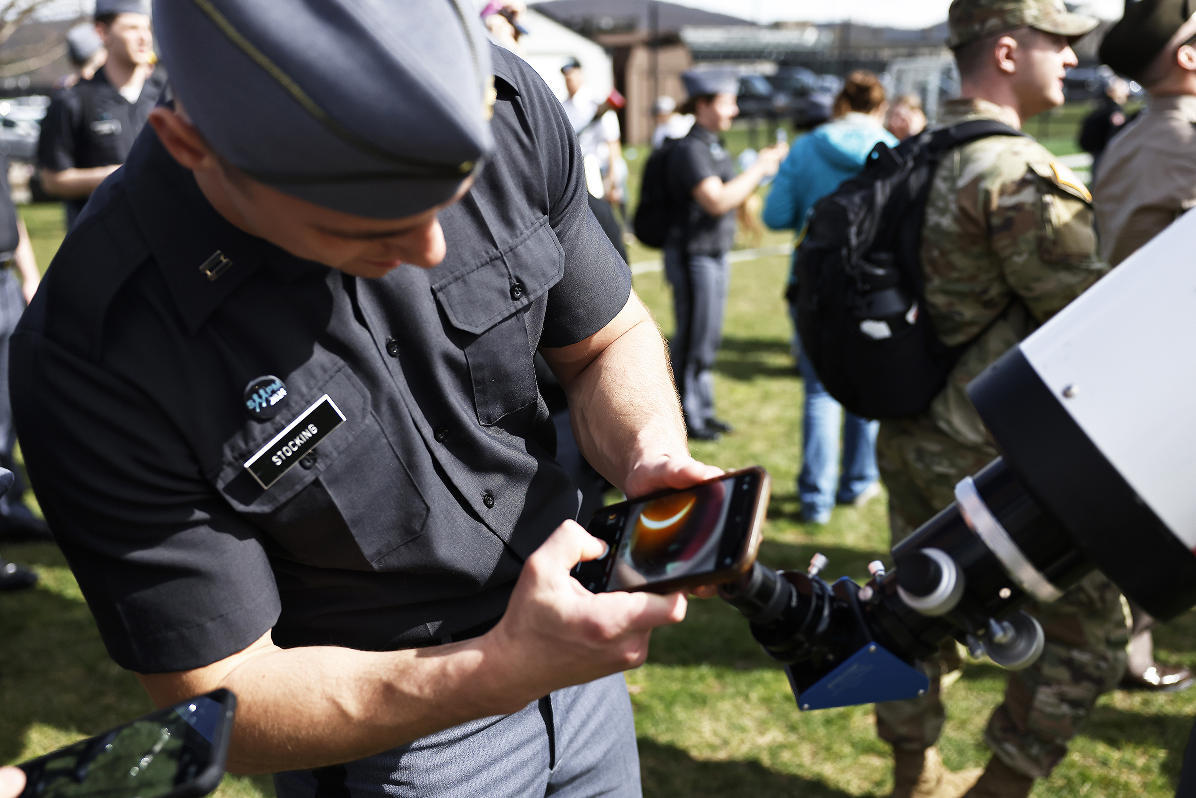 Cadets, staff, faculty and West Point community members traveled to Daly Field April 8 to witness the Solar Eclipse at the U.S. Military Academy.   (Photo by Eric S. Bartelt/USMA PAO)