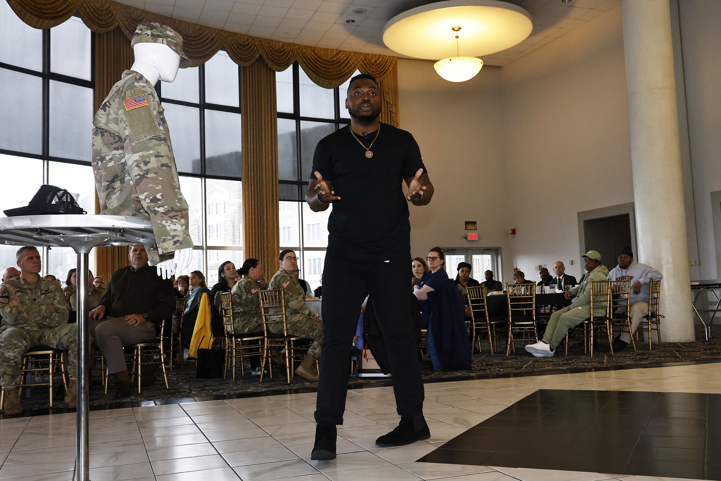 The U.S. Military Academy Sexual Harassment/Assault Prevention (SHARP) program hosted the kickoff event of Sexual Assault Awareness and Prevention Month (SAAPM) featuring spoken word poet, Rashan Legard, on April 2 at Eisenhower Hall Theatre. Legard also spoke to the West Point community during a SAAPM luncheon on April 3 at the West Point Club.  (Photo by Eric S. Bartelt/USMA PAO)
