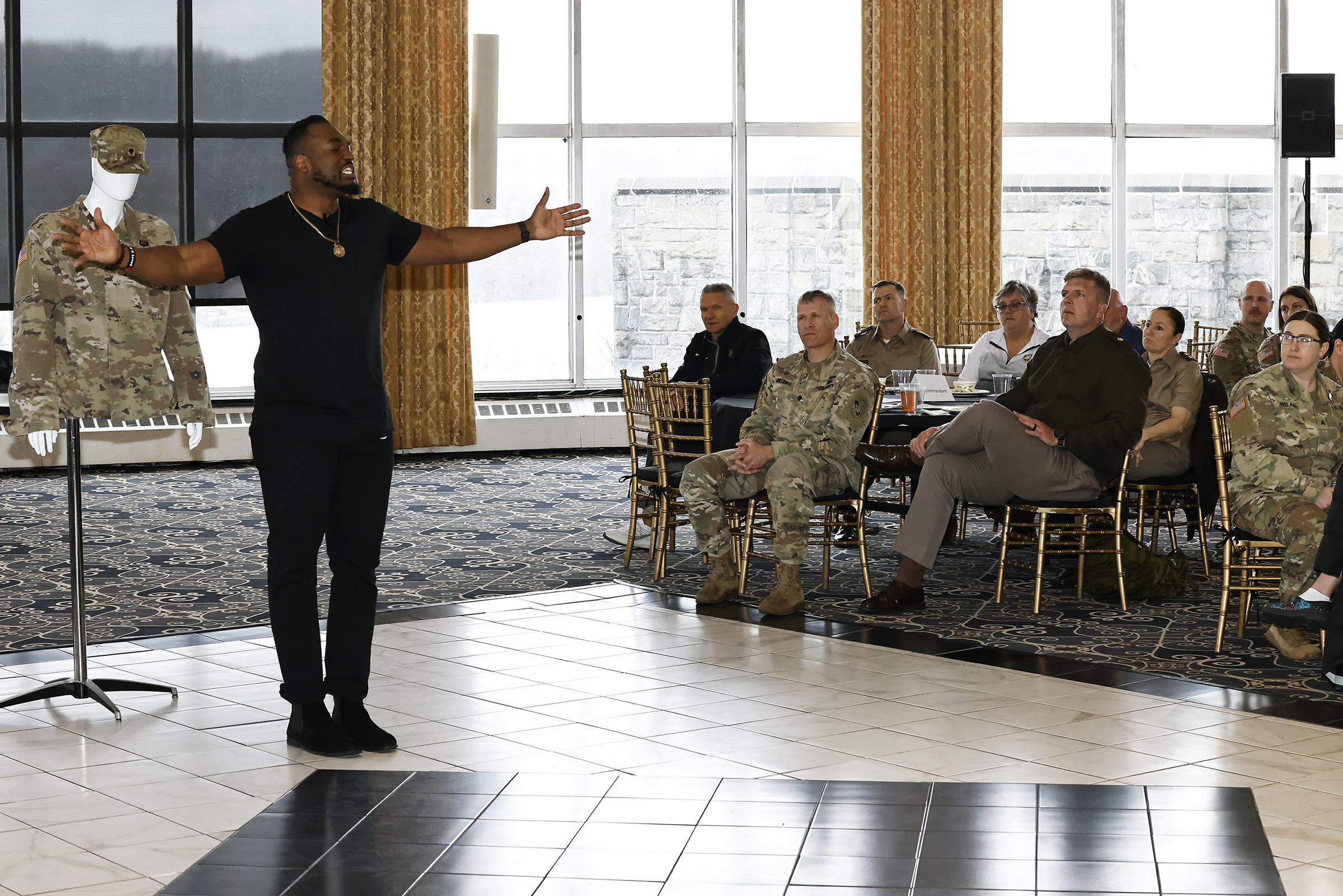 The U.S. Military Academy Sexual Harassment/Assault Prevention (SHARP) program hosted the kickoff event of Sexual Assault Awareness and Prevention Month (SAAPM) featuring spoken word poet, Rashan Legard, on April 2 at Eisenhower Hall Theatre. Legard also spoke to the West Point community during a SAAPM luncheon on April 3 at the West Point Club.  (Photo by Eric S. Bartelt/USMA PAO)