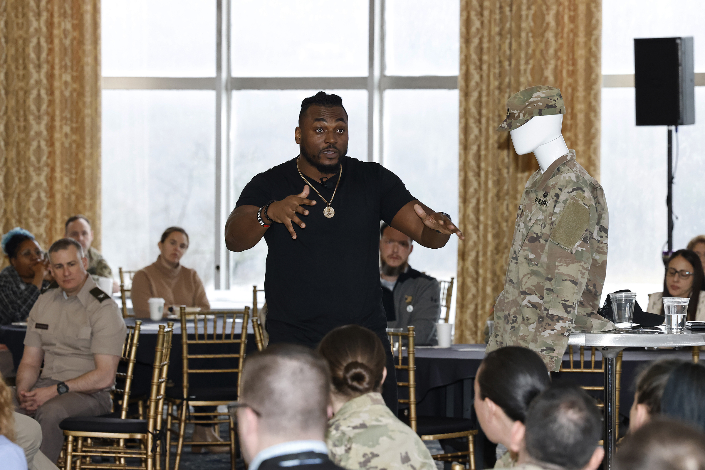 The U.S. Military Academy Sexual Harassment/Assault Prevention (SHARP) program hosted the kickoff event of Sexual Assault Awareness and Prevention Month (SAAPM) featuring spoken word poet, Rashan Legard, on April 2 at Eisenhower Hall Theatre. Legard also spoke to the West Point community during a SAAPM luncheon on April 3 at the West Point Club.  (Photo by Eric S. Bartelt/USMA PAO)