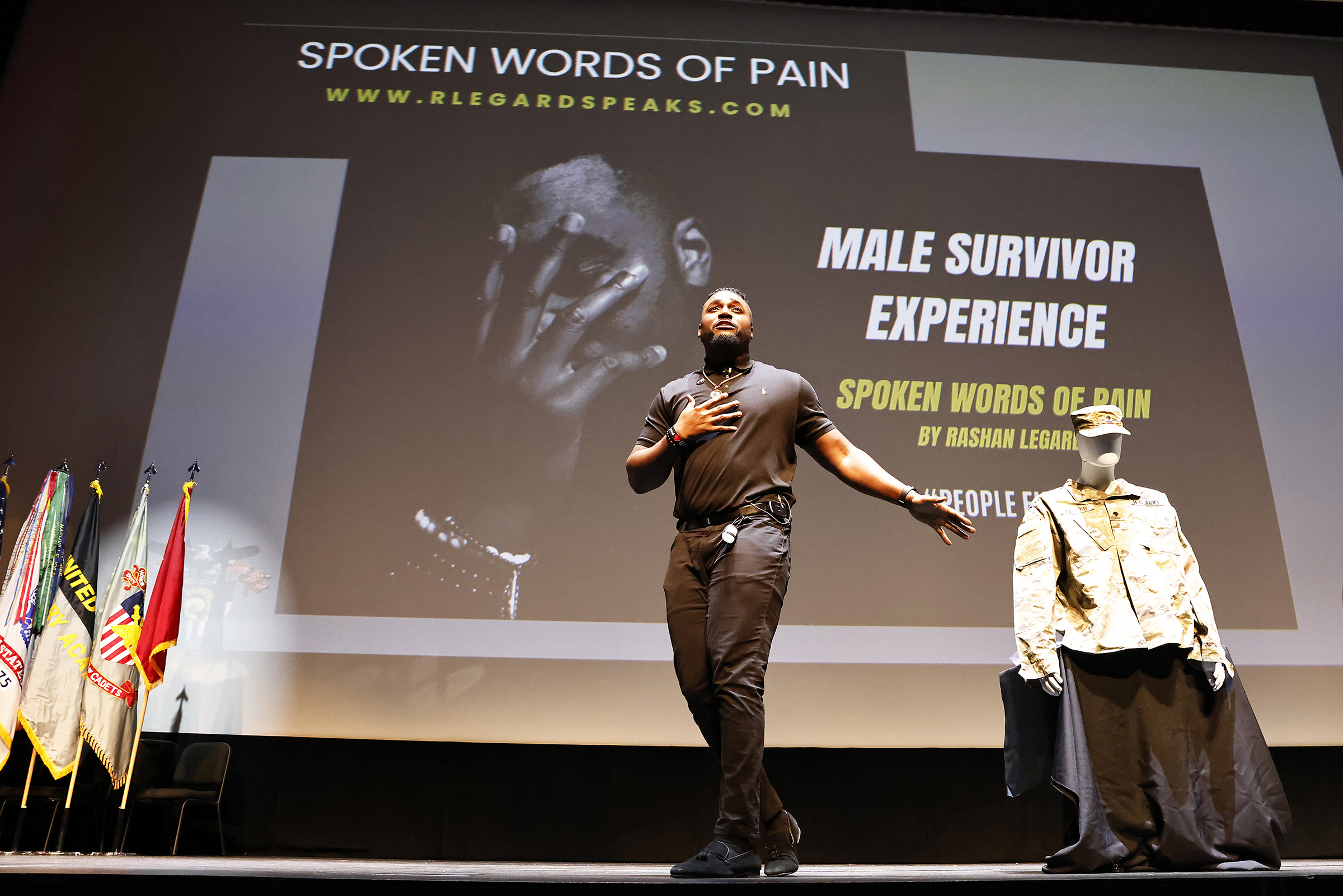 The U.S. Military Academy Sexual Harassment/Assault Prevention (SHARP) program hosted the kickoff event of Sexual Assault Awareness and Prevention Month (SAAPM) featuring spoken word poet, Rashan Legard, on April 2 at Eisenhower Hall Theatre. Legard also spoke to the West Point community during a SAAPM luncheon on April 3 at the West Point Club.  (Photo by Eric S. Bartelt/USMA PAO)