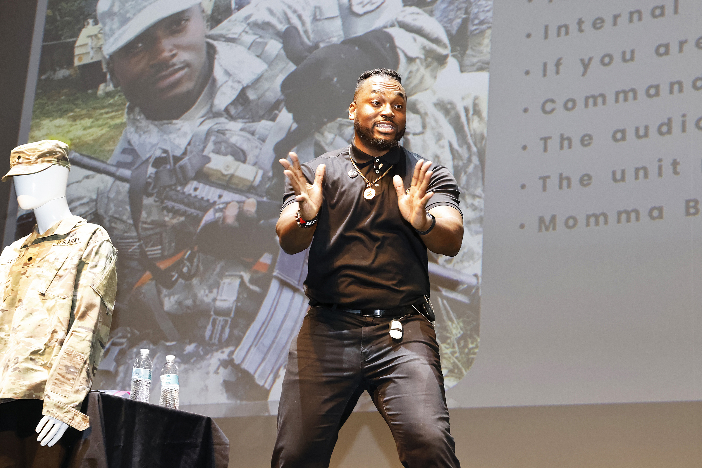 The U.S. Military Academy Sexual Harassment/Assault Prevention (SHARP) program hosted the kickoff event of Sexual Assault Awareness and Prevention Month (SAAPM) featuring spoken word poet, Rashan Legard, on April 2 at Eisenhower Hall Theatre. Legard also spoke to the West Point community during a SAAPM luncheon on April 3 at the West Point Club.  (Photo by Eric S. Bartelt/USMA PAO)
