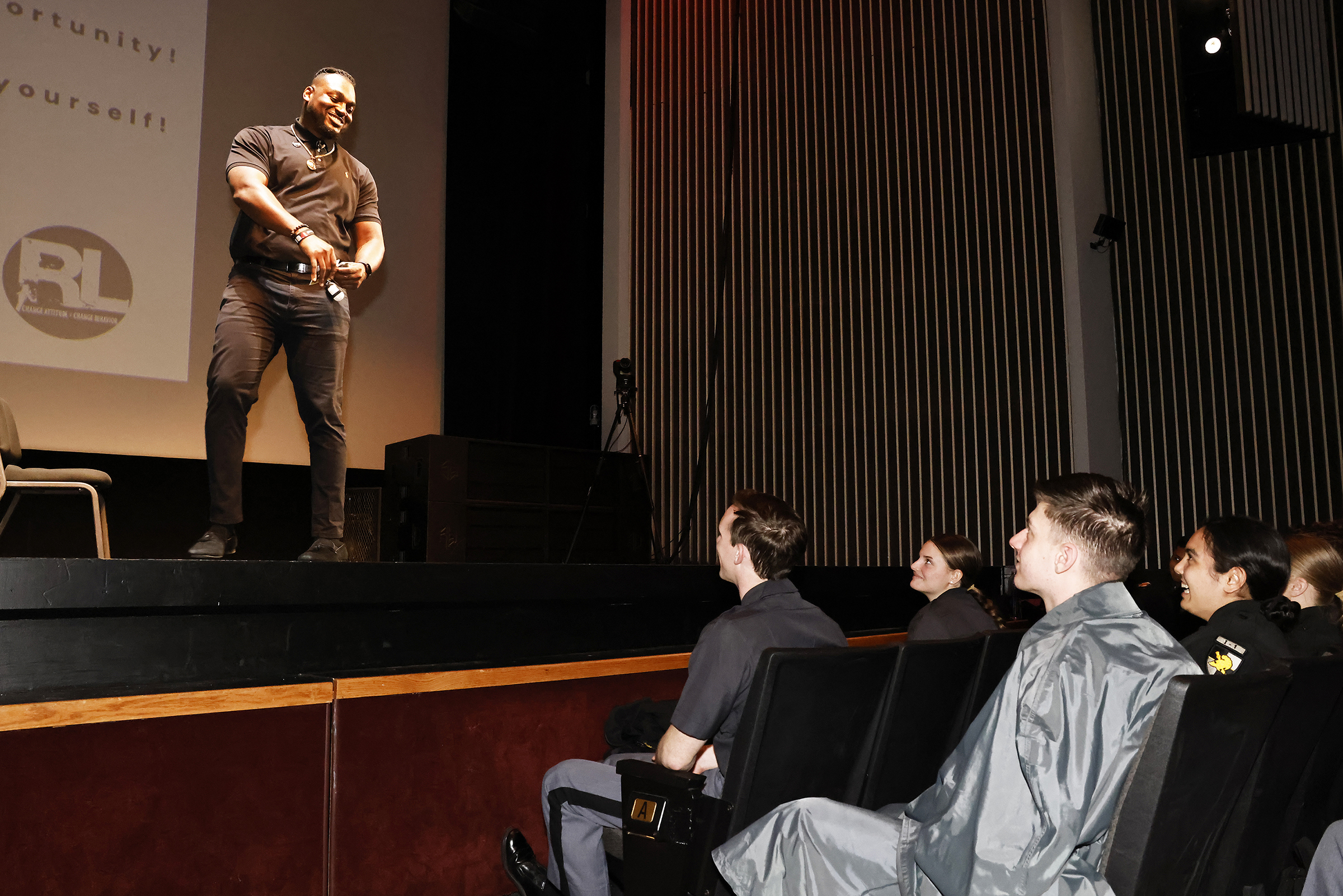 The U.S. Military Academy Sexual Harassment/Assault Prevention (SHARP) program hosted the kickoff event of Sexual Assault Awareness and Prevention Month (SAAPM) featuring spoken word poet, Rashan Legard, on April 2 at Eisenhower Hall Theatre. Legard also spoke to the West Point community during a SAAPM luncheon on April 3 at the West Point Club.  (Photo by Eric S. Bartelt/USMA PAO)