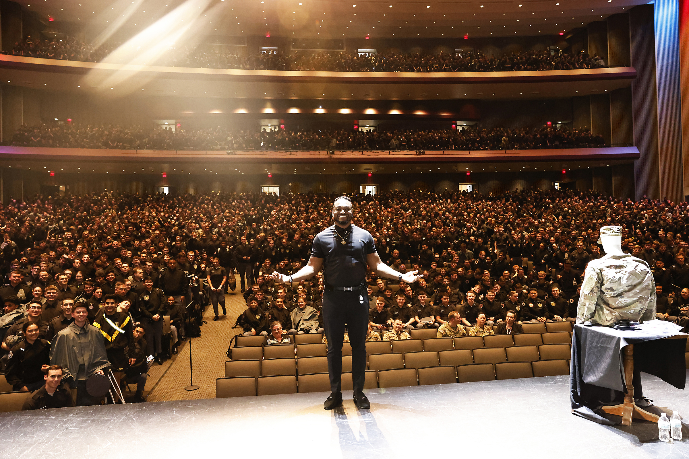 The U.S. Military Academy Sexual Harassment/Assault Prevention (SHARP) program hosted the kickoff event of Sexual Assault Awareness and Prevention Month (SAAPM) featuring spoken word poet, Rashan Legard, on April 2 at Eisenhower Hall Theatre. Legard also spoke to the West Point community during a SAAPM luncheon on April 3 at the West Point Club.  (Photo by Eric S. Bartelt/USMA PAO)