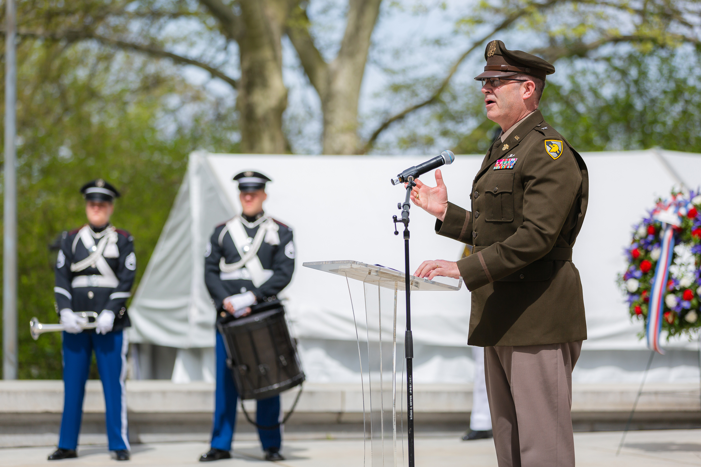 Several members from the U.S. Military Academy, including the U.S. Corps of Cadets Regimental Staff performing honor guard duties, the West Point Band performing Taps, West Point Military Police Color Guard firing salutary volleys, and Dean of the Academic Board Brig. Gen. Shane Reeves speaking and laying the wreath on behalf of President Joseph R. Biden during the Ulysess S. Grant Wreath Laying Ceremony to celebrate his 202nd birthday. The ceremony took place April 27 at the Gen. Grant National Memorial in