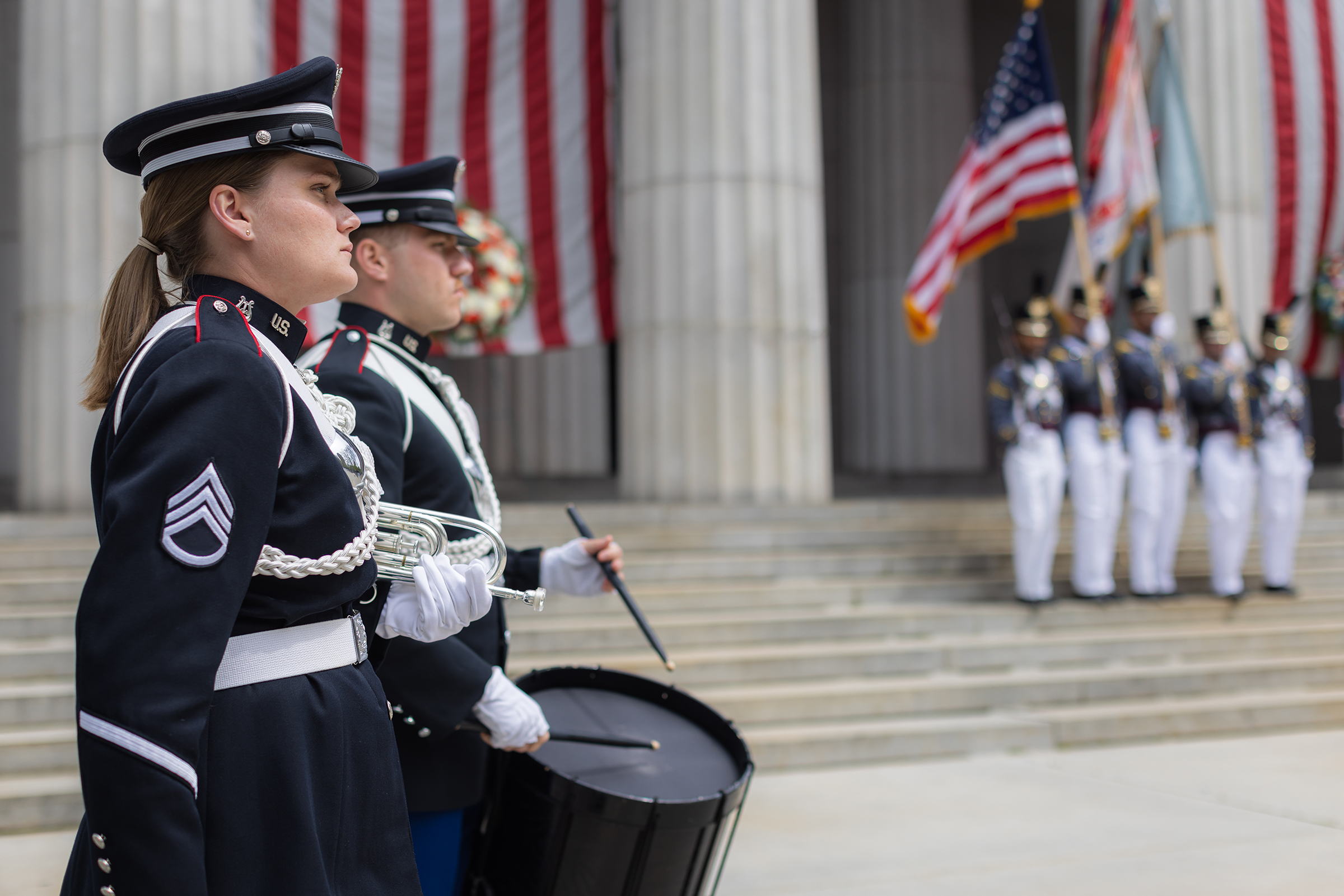 Several members from the U.S. Military Academy, including the U.S. Corps of Cadets Regimental Staff performing honor guard duties, the West Point Band performing Taps, West Point Military Police Color Guard firing salutary volleys, and Dean of the Academic Board Brig. Gen. Shane Reeves speaking and laying the wreath on behalf of President Joseph R. Biden during the Ulysess S. Grant Wreath Laying Ceremony to celebrate his 202nd birthday. The ceremony took place April 27 at the Gen. Grant National Memorial in