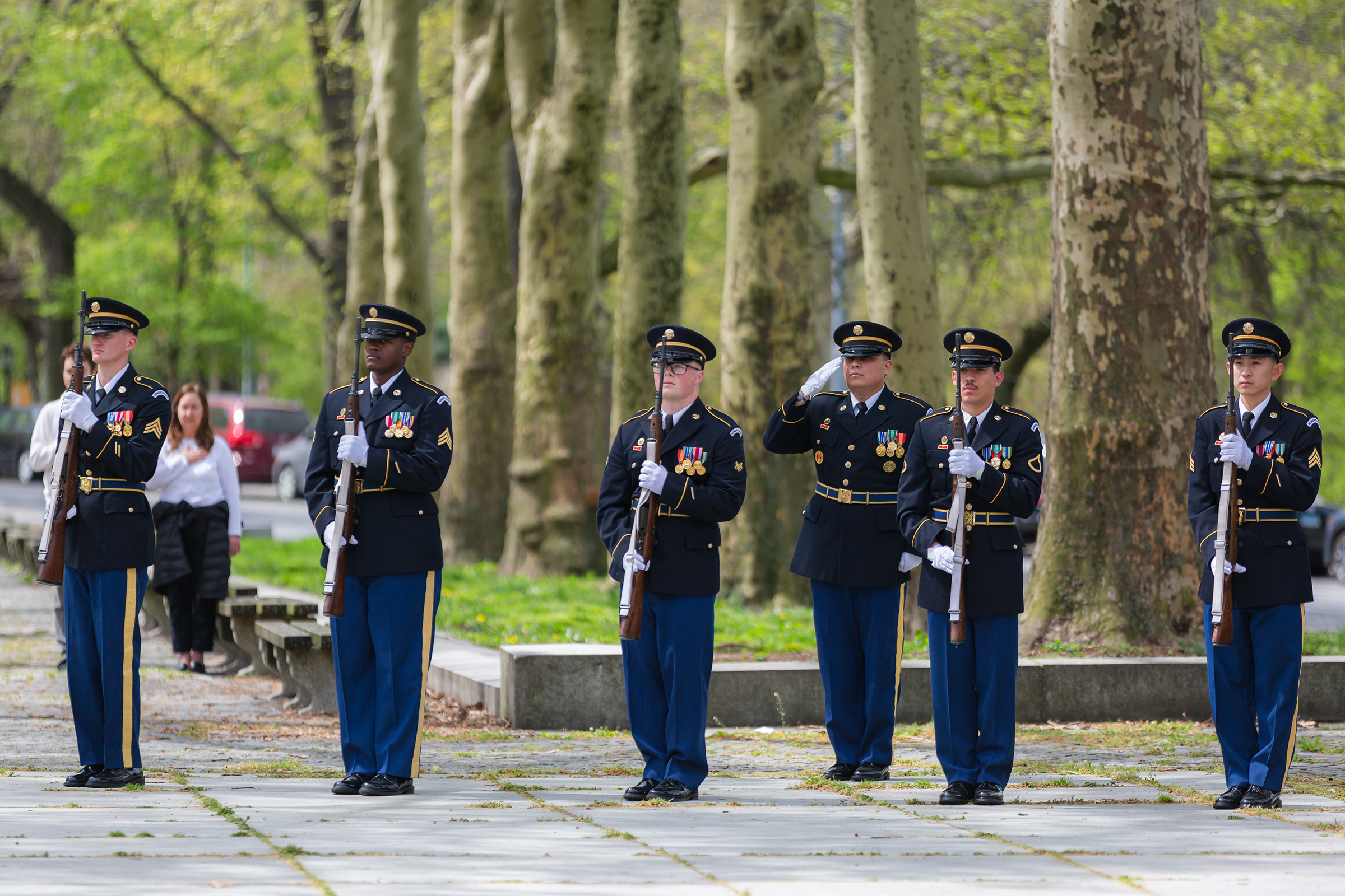 Several members from the U.S. Military Academy, including the U.S. Corps of Cadets Regimental Staff performing honor guard duties, the West Point Band performing Taps, West Point Military Police Color Guard firing salutary volleys, and Dean of the Academic Board Brig. Gen. Shane Reeves speaking and laying the wreath on behalf of President Joseph R. Biden during the Ulysess S. Grant Wreath Laying Ceremony to celebrate his 202nd birthday. The ceremony took place April 27 at the Gen. Grant National Memorial in