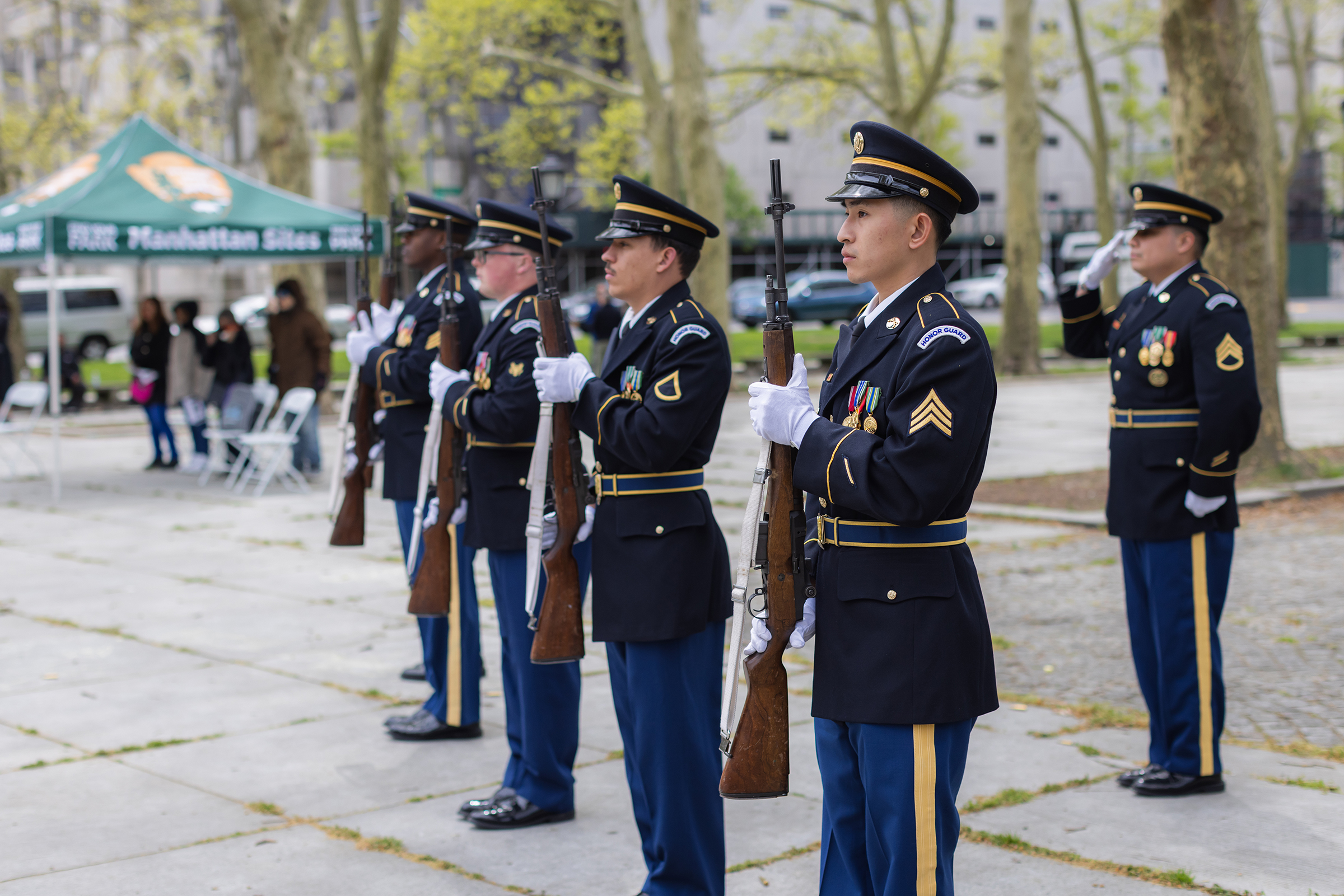 Several members from the U.S. Military Academy, including the U.S. Corps of Cadets Regimental Staff performing honor guard duties, the West Point Band performing Taps, West Point Military Police Color Guard firing salutary volleys, and Dean of the Academic Board Brig. Gen. Shane Reeves speaking and laying the wreath on behalf of President Joseph R. Biden during the Ulysess S. Grant Wreath Laying Ceremony to celebrate his 202nd birthday. The ceremony took place April 27 at the Gen. Grant National Memorial in
